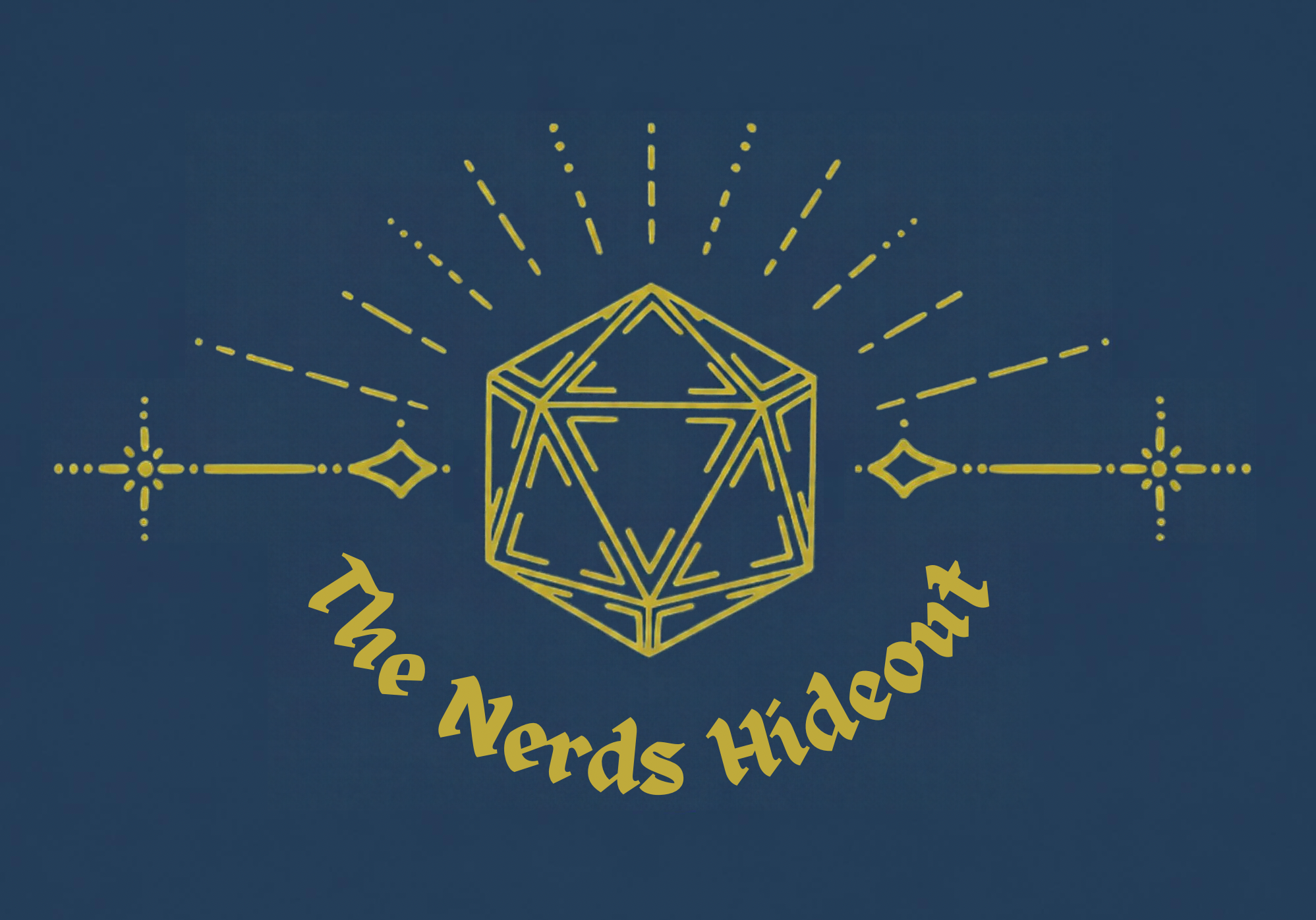 A golden outline of a D20 dice with golden lines sprouting outwards, above it. Below the dice in an upward curve is the name "The Nerds Hideout", in a gold, medieval-looking font.